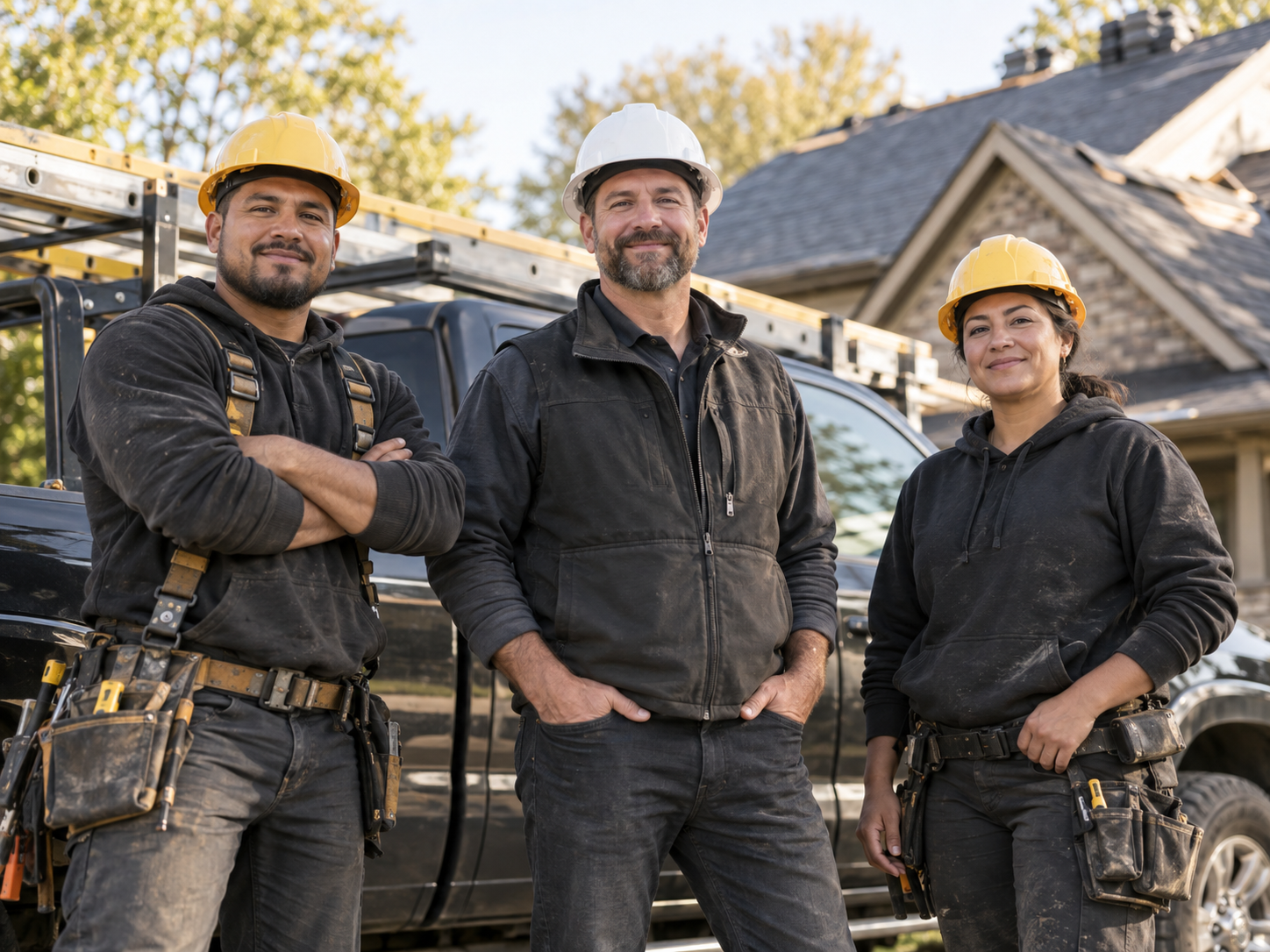 Roofing professionals standing beside a work truck outside a home